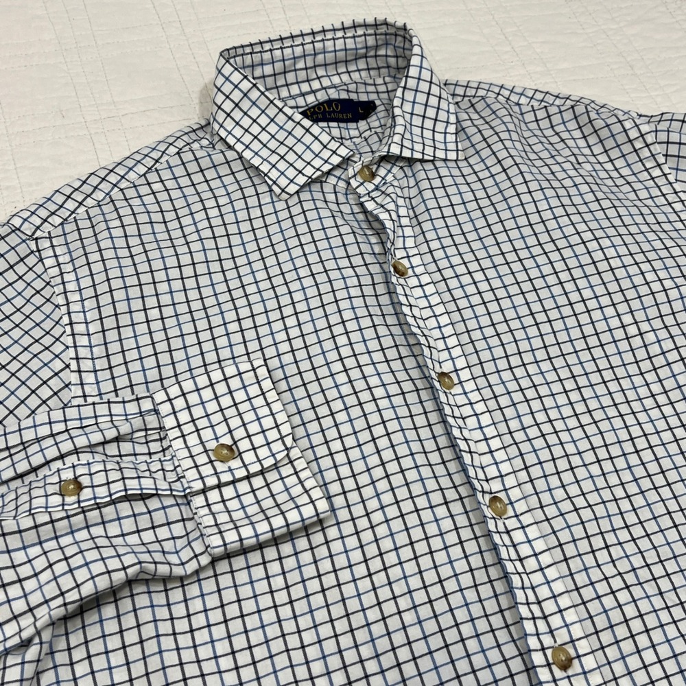 Polo Ralph Lauren Mens Large Blue White Tattersall Check Cotton Button Up Shirt